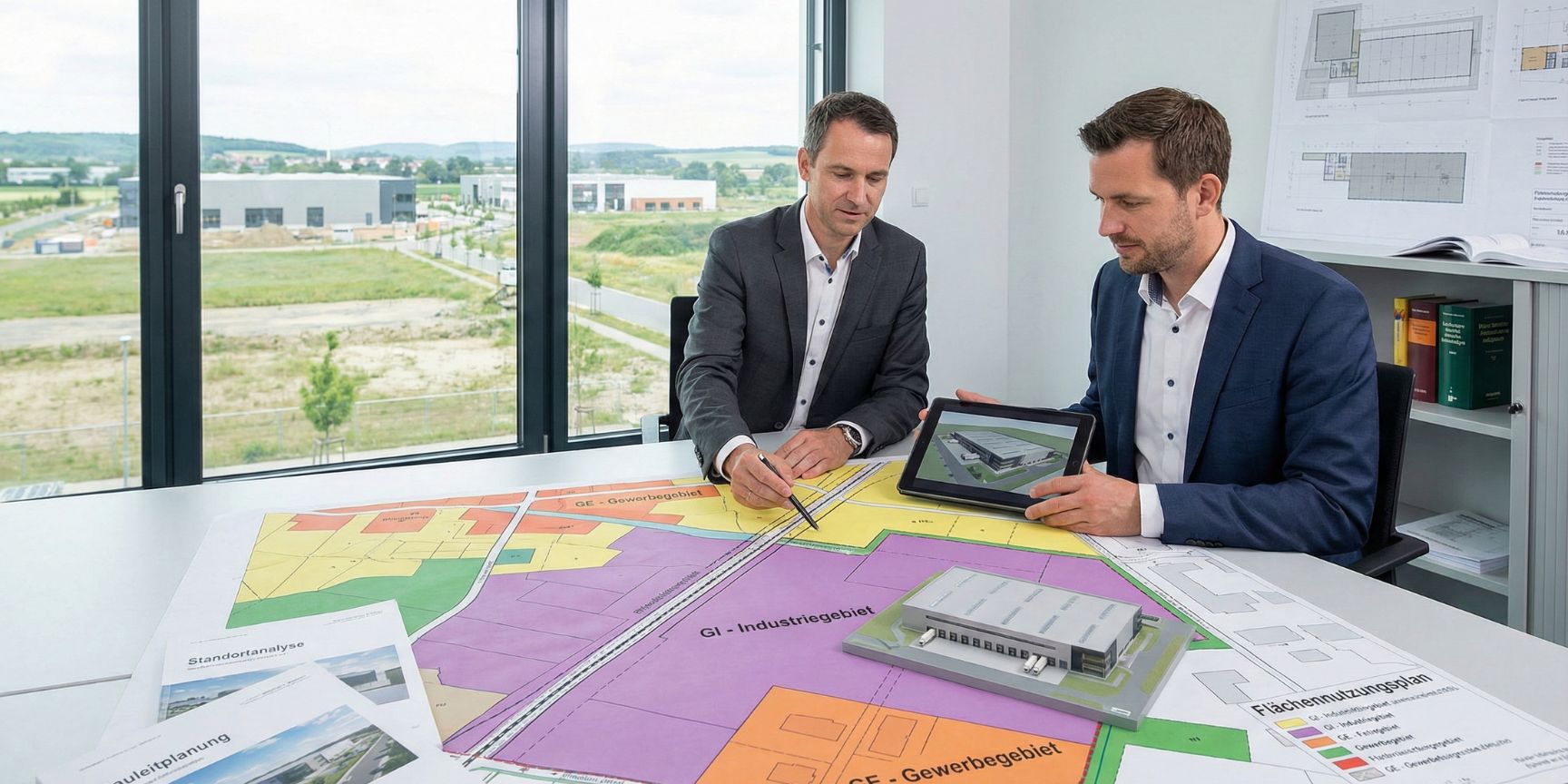 Two professional urban planners and logistics developers discuss a large-scale, color-coded land use plan (FNP) on a table in a modern office. A planner points with a pen to an area marked as 'GI - Industrial Area', on which a detailed model of a logistics hall is placed. The other man is holding a tablet with a 3D rendering of the planned logistics property. In the background, a large window shows an industrial area under construction. On the table are further documents on urban land use planning and site analysis. This image illustrates the strategic planning and location selection for logistics properties on the basis of a municipal land use plan